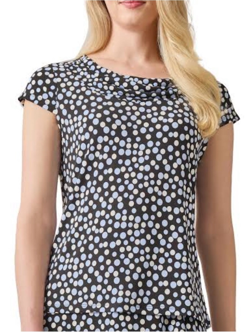 Kasper Polka Dot Cowl Neck Cap Sleeve Blouse Top Black Blue White Size S